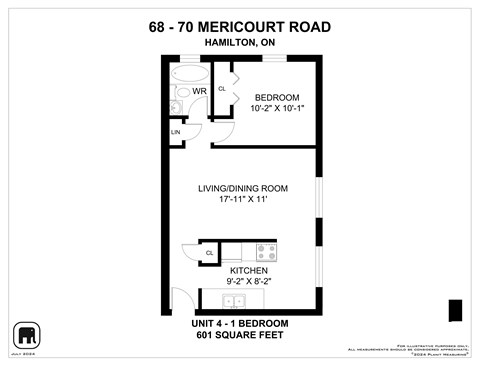 Floor plan for 1 bed, 1 bath, 599 sqft